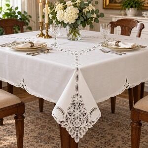 Vintage White Tablecloth Embroidery & Battenburg Lace 66 x 104 Oblong New!